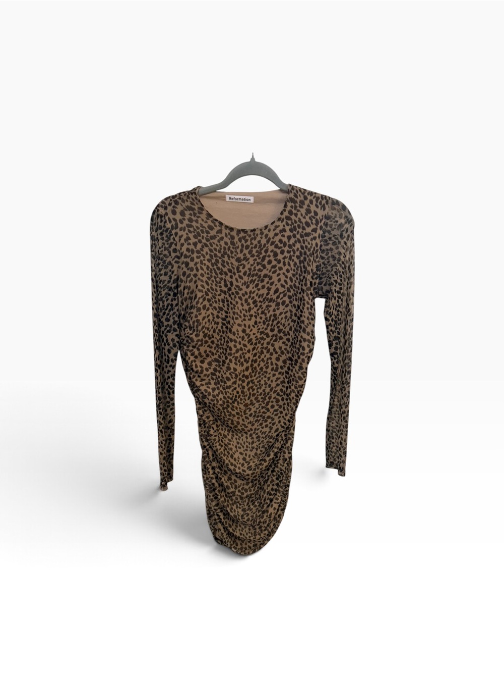 Reformation Leopard Print Ruched Mesh Long Sleeve Mini Dress Medium